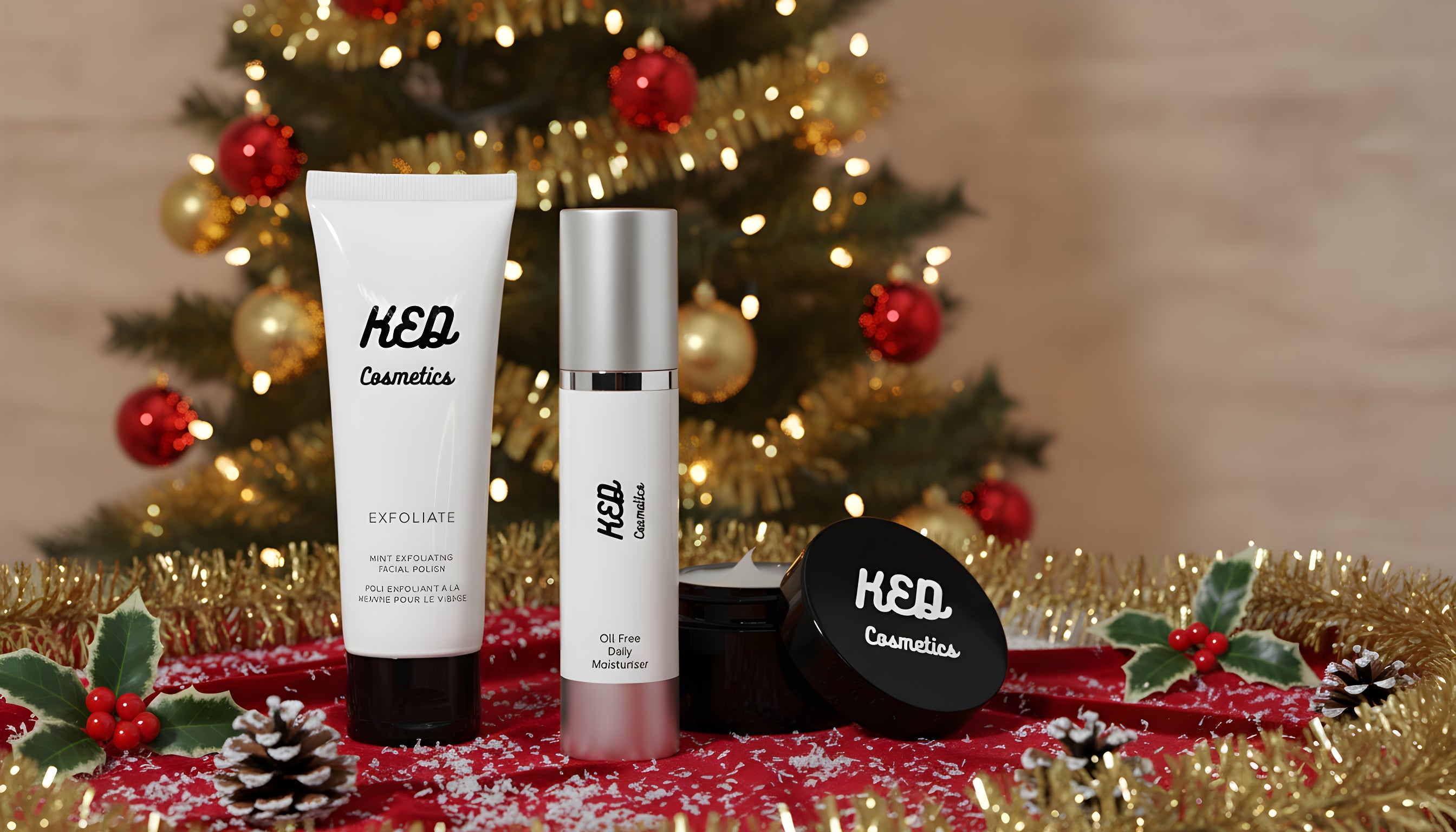 Holiday gift sets featuring skincare products by H&D Cosmetics, placed on a festive holiday backdrop.