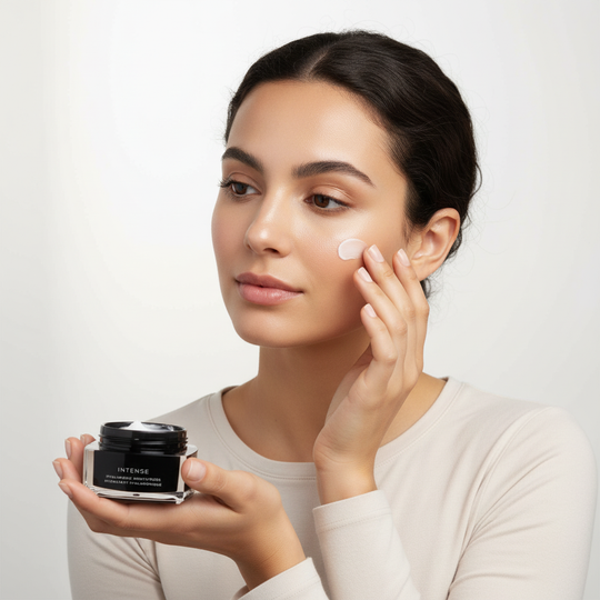 Model applying hyaluronic acid moisturizer cream to her face with the product jar in hand.