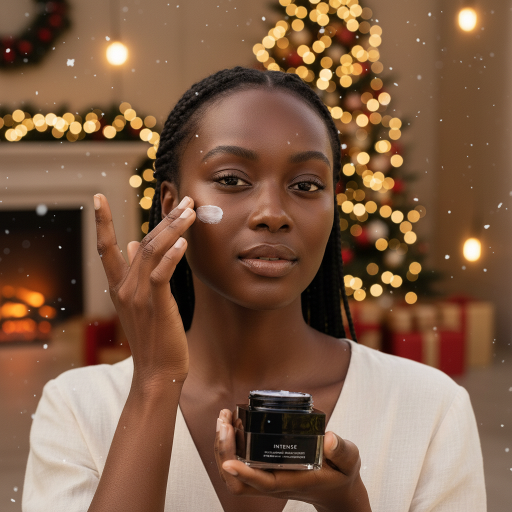 Young woman applying hyaluronic moisturizer cream in festive holiday setting with glowing lights.