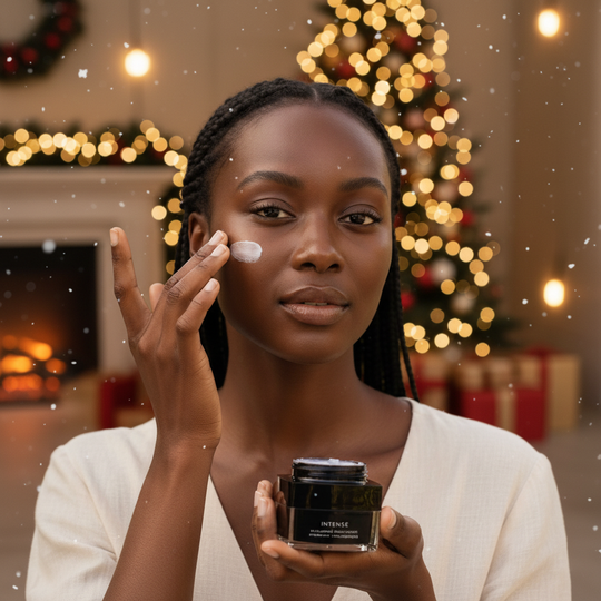 Young woman applying hyaluronic moisturizer cream in festive holiday setting with glowing lights.