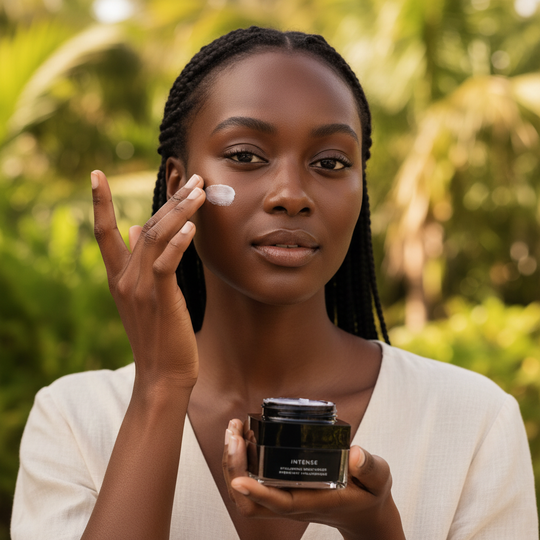 Model applying hyaluronic moisturizer cream to her face in a lush outdoor setting.