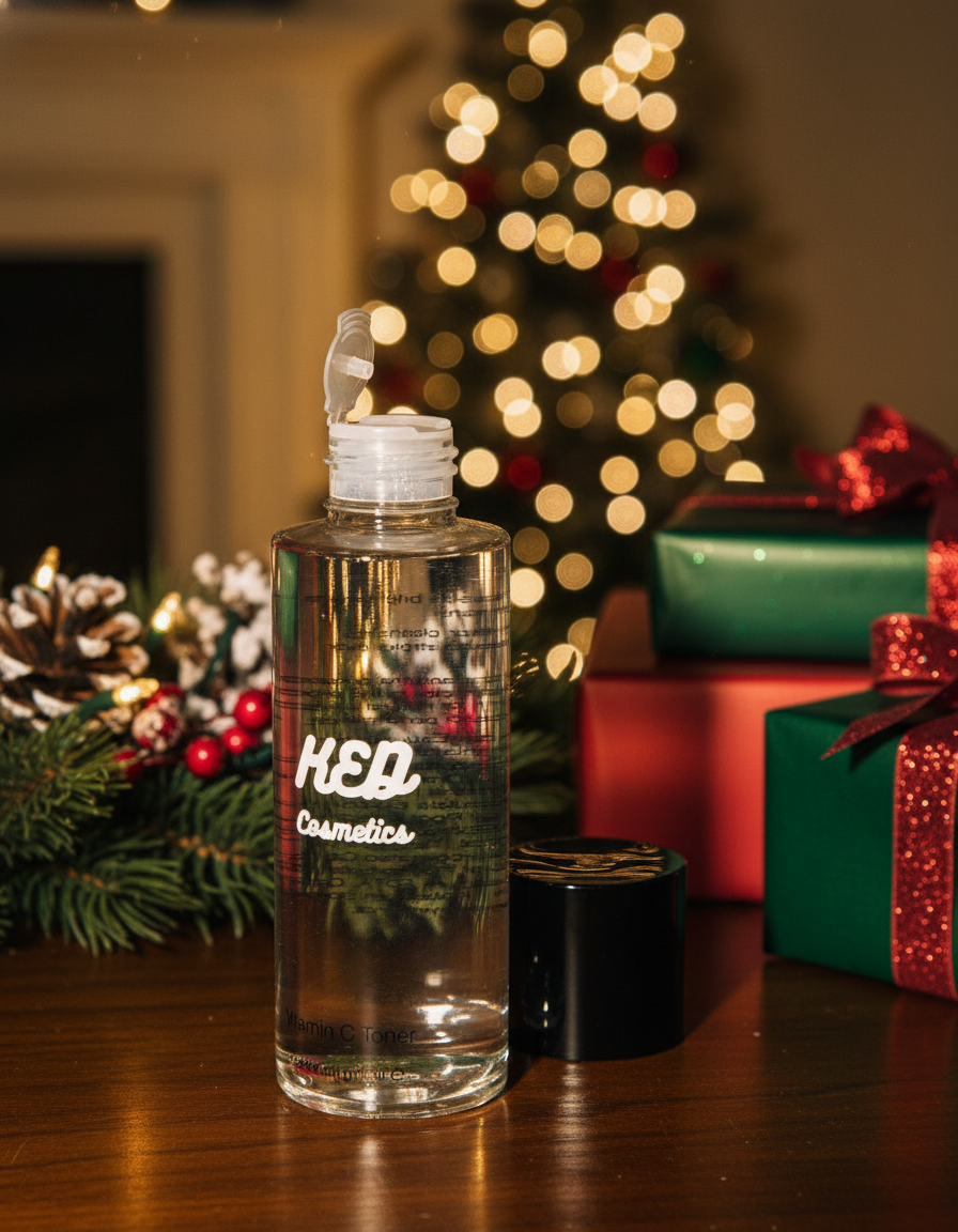 Brightening vitamin C toner bottle with KED Cosmetics label, surrounded by holiday decorations and gifts.