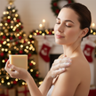 Woman enjoying eucalyptus peppermint soap in a festive setting with a Christmas tree.