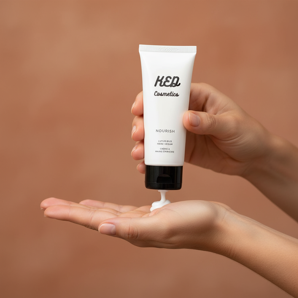 Person dispensing Nourish hydrating hand cream into their palm for moisturizing care.