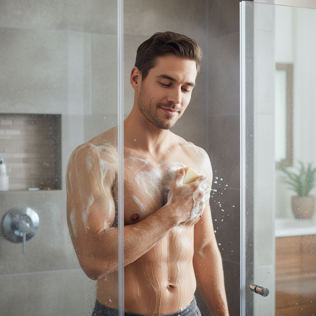 Man using basil soap for clear skin in a shower, enjoying a refreshing cleansing experience.