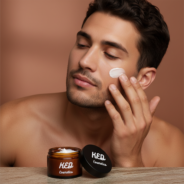 Man applying men's face moisturizer for fresh and hydrated skin on his face with a jar in the foreground.
