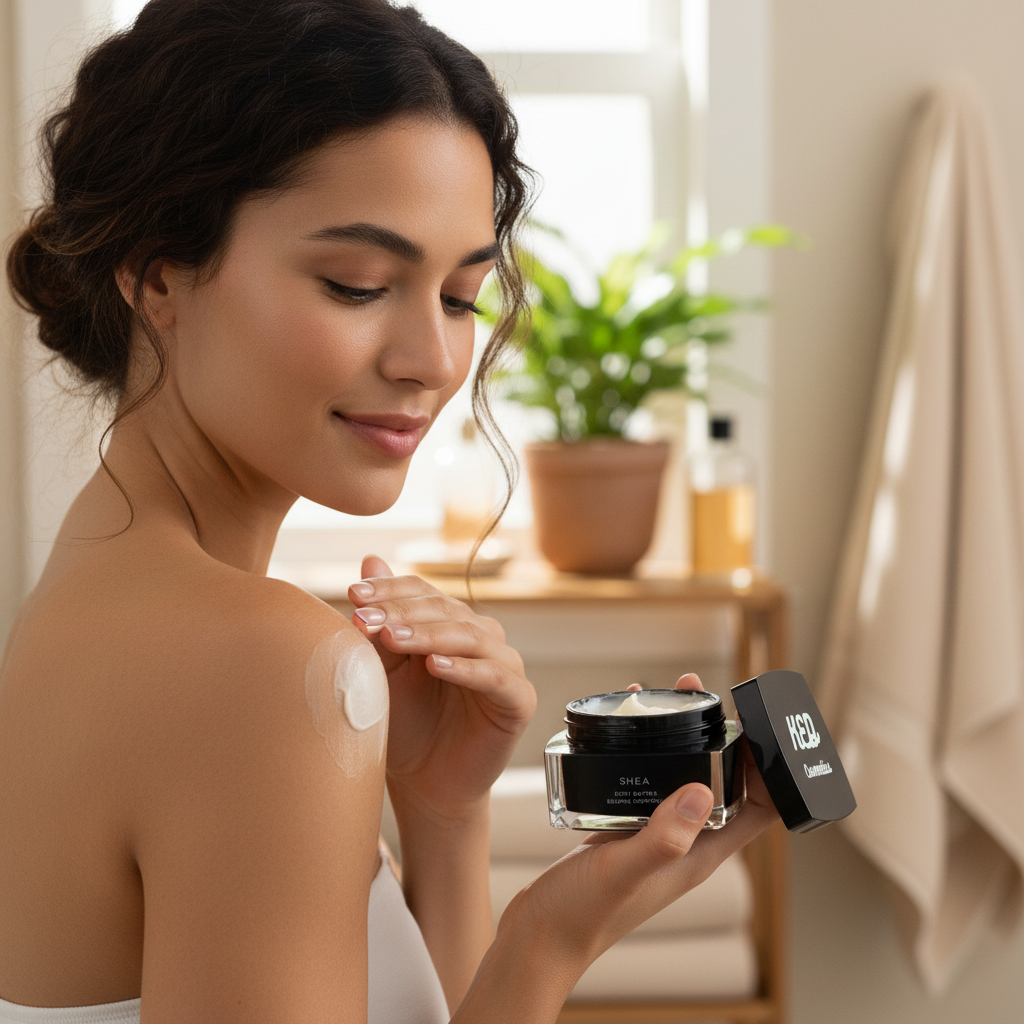 Woman applying shea body butter on her shoulder in a bright bathroom setting.
