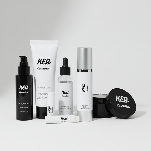 KED skincare set featuring toner, exfoliator, serum, moisturizer, and lip balm for healthy skin care.