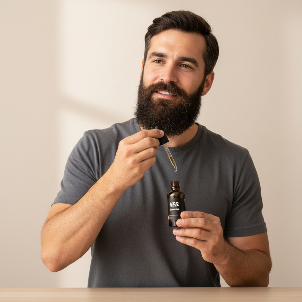 Man applying hemp beard growth oil from a dropper bottle, promoting beard nourishment and growth.