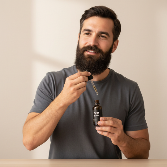 Man applying hemp beard growth oil from a dropper bottle, promoting beard nourishment and growth.