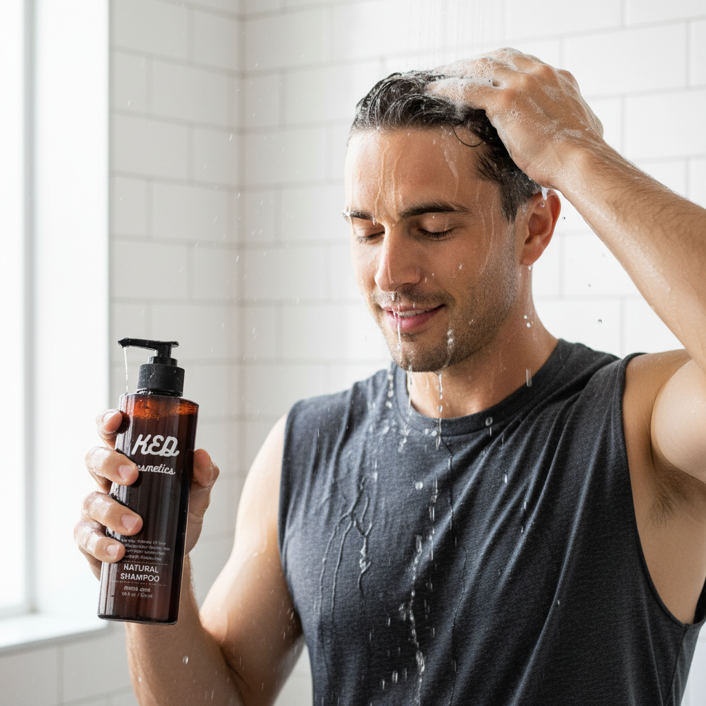 Man using men's organic shampoo in the shower, enjoying a refreshing hair-washing experience.