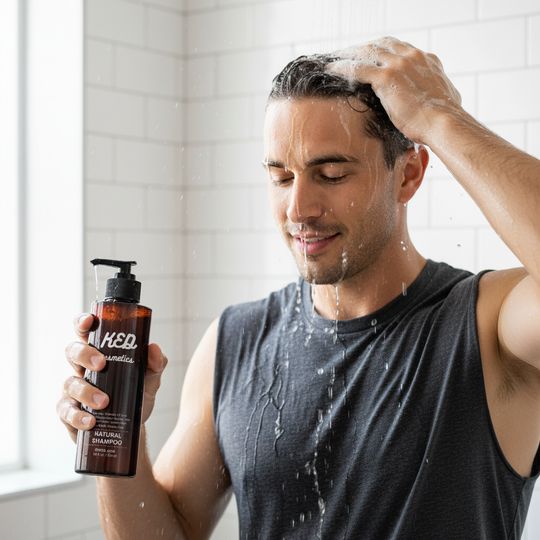 Man using men's organic shampoo in the shower, enjoying a refreshing hair-washing experience.