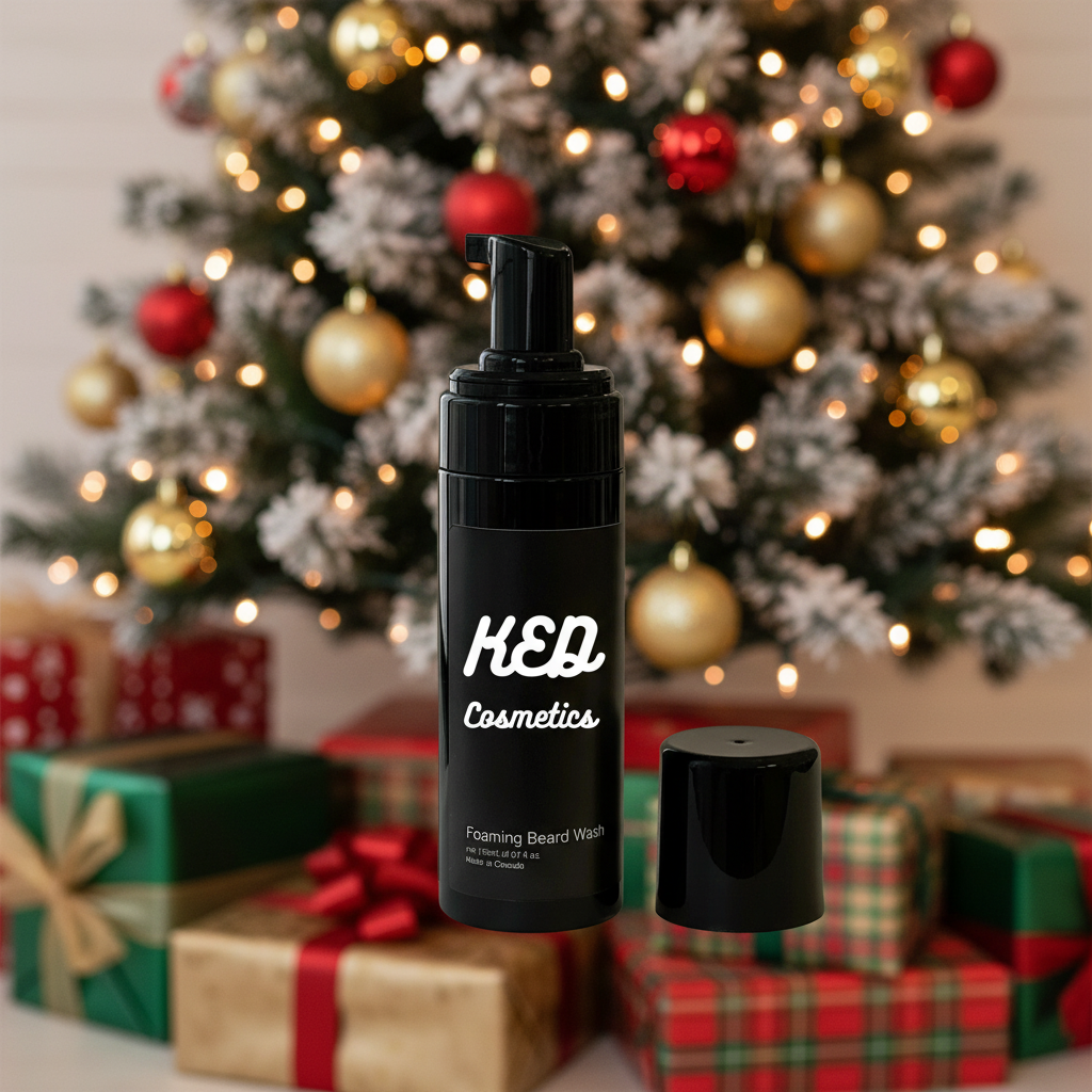 Natural foaming beard wash by K.E.D. Cosmetics in front of a festive Christmas tree and wrapped gifts.