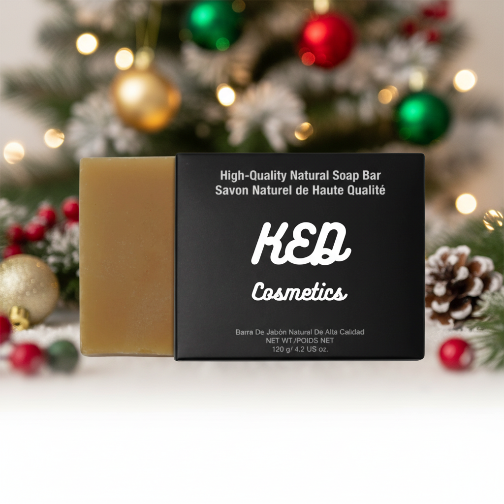 Natural fresh turmeric soap bar displayed with festive decorations, highlighting its cosmetic benefits.