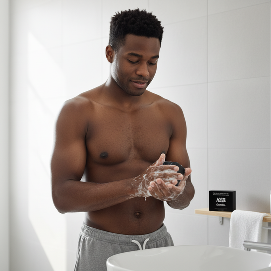 Man using activated charcoal soap for a deep cleanse at a bathroom sink.