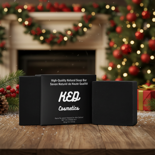 Natural Soap - Charcoal bar displayed with festive decorations in a cozy setting.