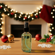 Makeup setting spray bottle on a festive table with Christmas decorations in the background.