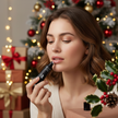 A woman applying smoothing lip balm in front of a festive background with Christmas decorations.