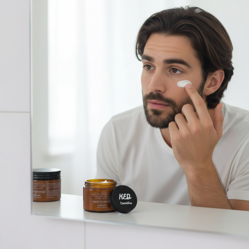 Man applying men's under eye cream in front of a mirror, showcasing skincare routine and product.