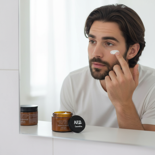 Man applying men's under eye cream in front of a mirror, showcasing skincare routine and product.