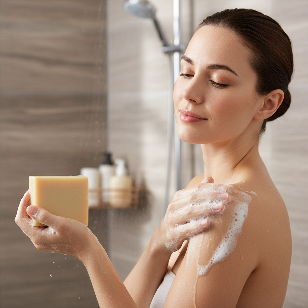 Woman enjoying a refreshing shower with eucalyptus peppermint soap and lathering up in warm water.