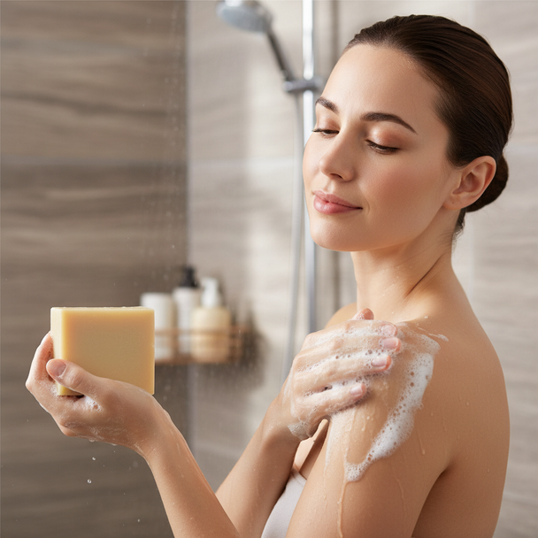 Woman enjoying a refreshing shower with eucalyptus peppermint soap and lathering up in warm water.