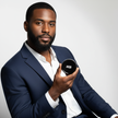 Man holding beard butter in a suit, showcasing the product's benefits for facial hair grooming.